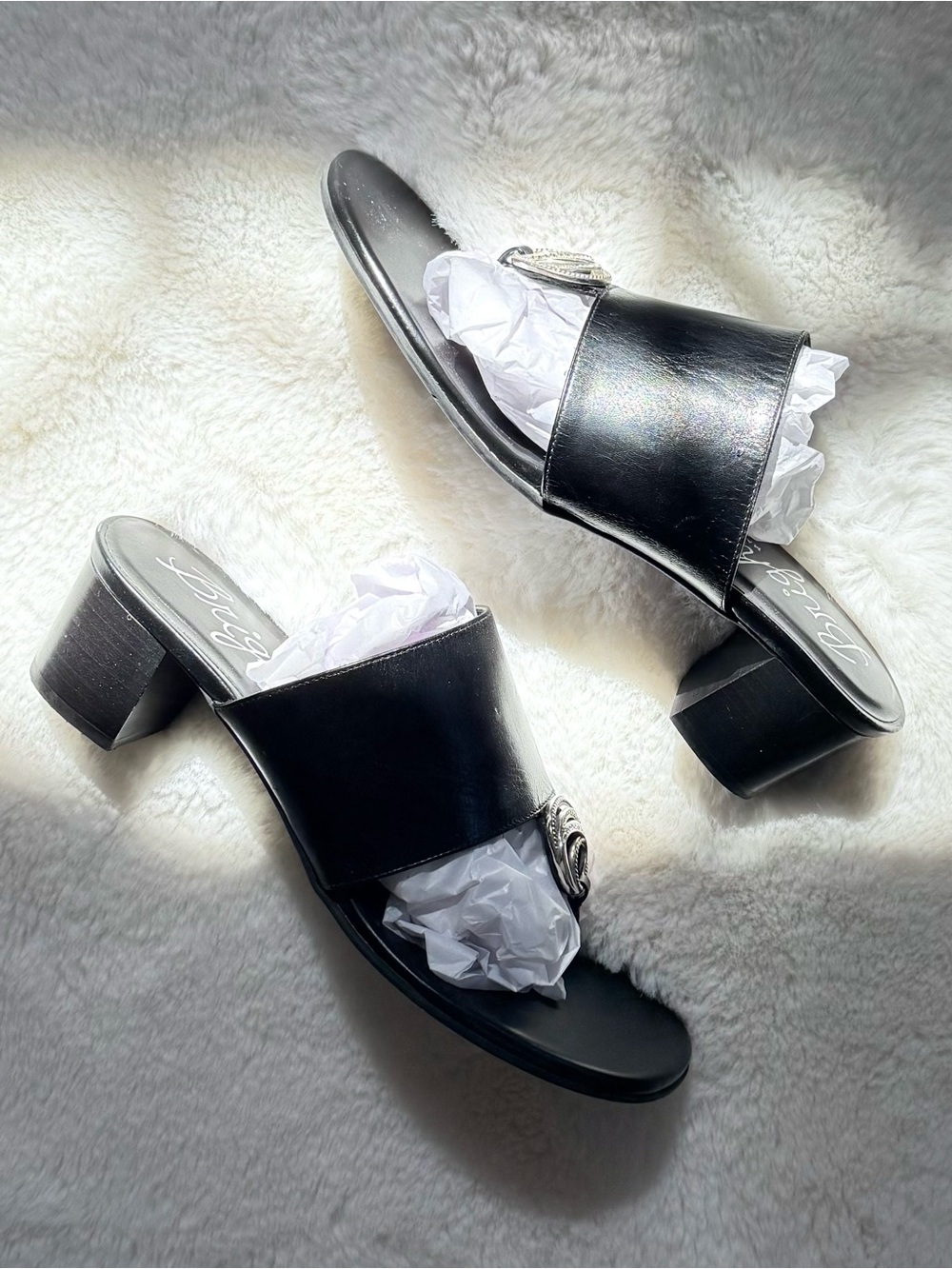 Brighton Black Leather Slide Sandals with Silver Buckle